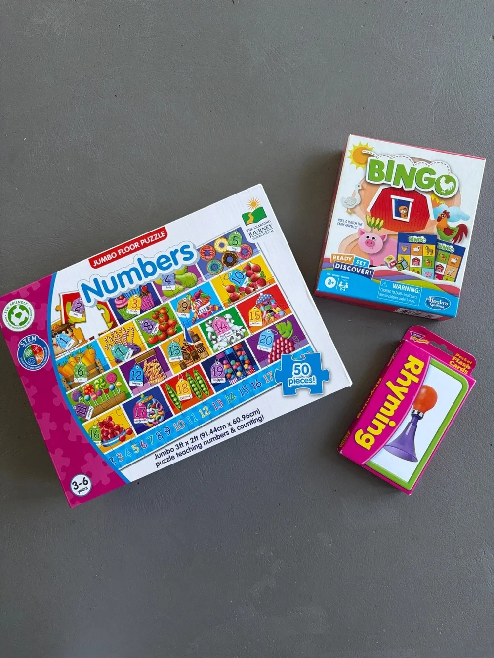 Numbers Jumbo Floor Puzzle, Bingo Game and Rhyming Flash Cards